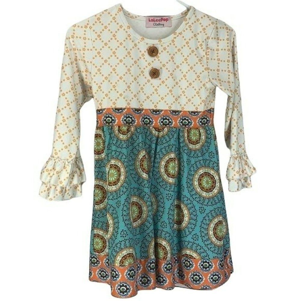 Laleepop Clothing‎ 8/10T Multi Print long sleeve paisley teal blue orange Dress